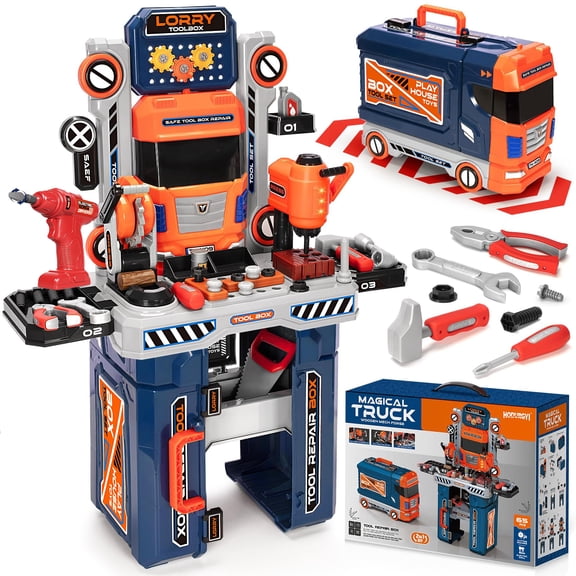 FPCYCG Kids Work Bench with Tools and Electric Drill, 2-in-1 Kids Toddlers Tool Set,Pretend Play Workbench Construction Toys Gifts for Boys Girls