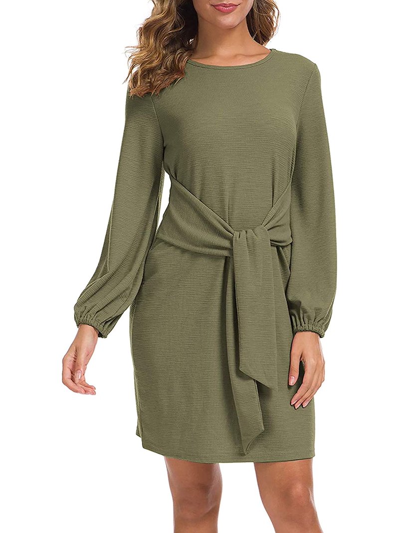 green sweater dress walmart PCEAIIH Army for Women Lantern Sleeve Sweater Solid Color Casual Pullover Knitted Dresses 20241030