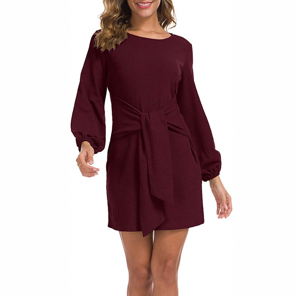 PCEAIIH Wine Red Sweater for Women Lantern Sleeve Sweater Dress Solid