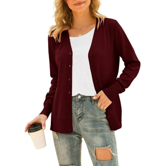 PCEAIIH Women's Long Sleeve Button Down Vee Neck Sweater Knit Cardigan