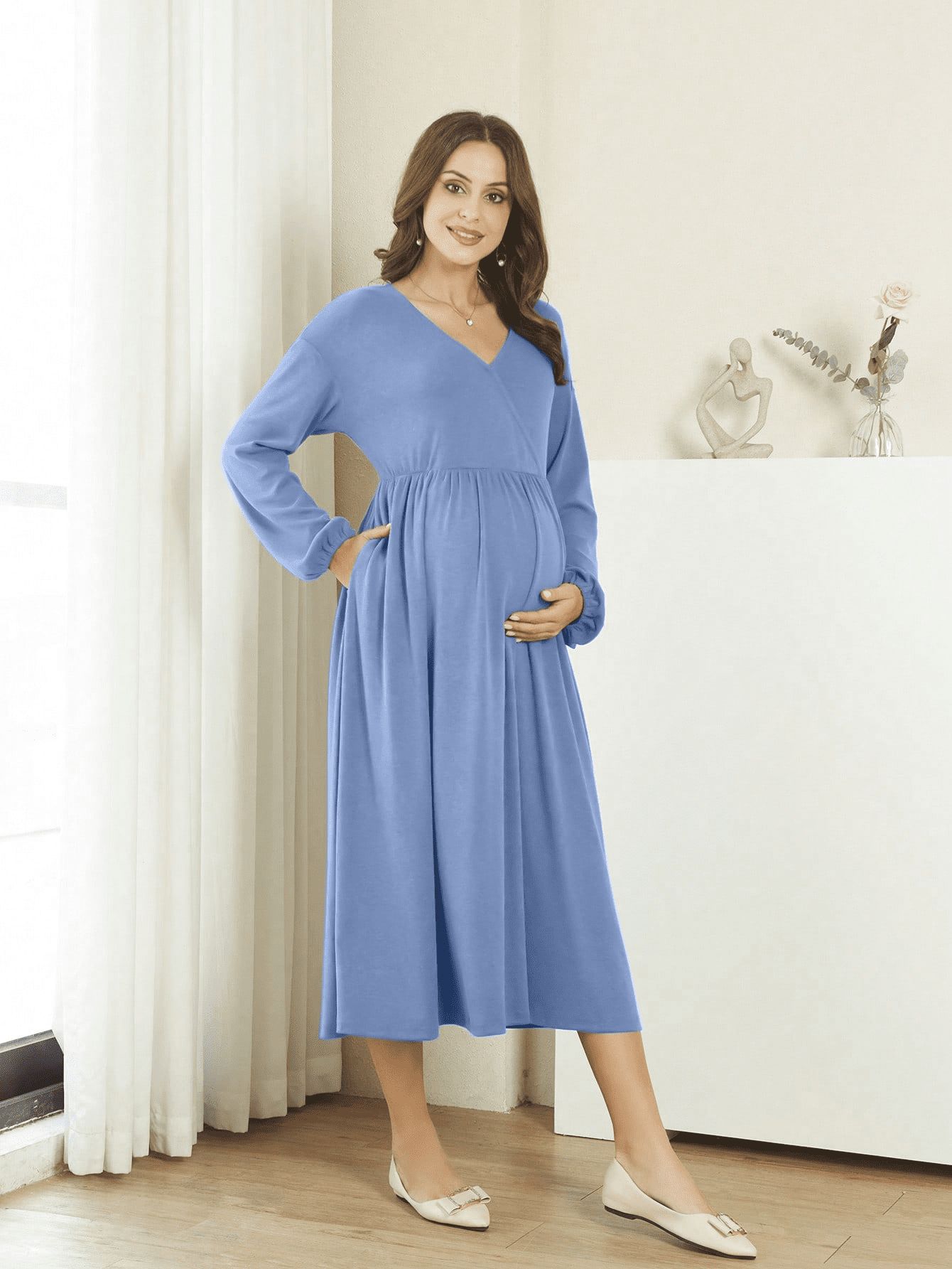 PCEAIIH Women's Long Sleeve Maternity Dress Clothes Ruched Pregnancy ...