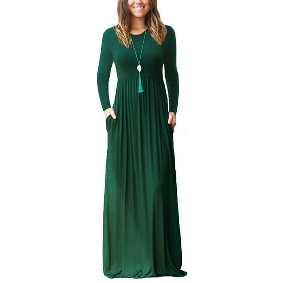 PCEAIIH Women's Long Sleeve Plain Maxi Dresses Casual Dark Green Long Dresses with Pockets