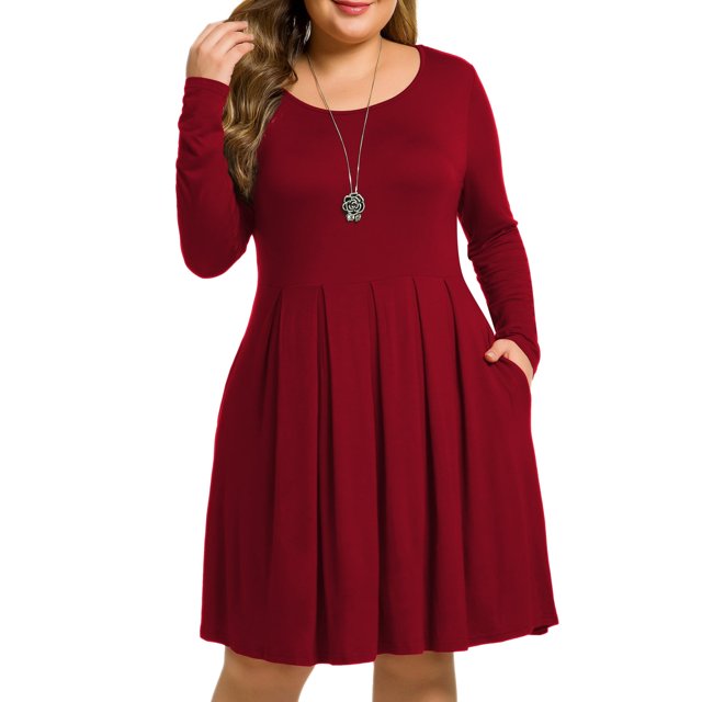 PCEAIIH Women's Plus Size Dresses Casual Long Sleeve Pleated Dress with