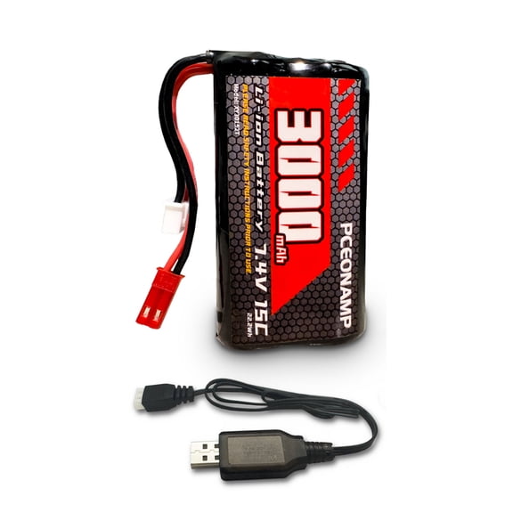 PCEONAMP 3000mAh 2S battery 7.4V Li-ion Battery with JST Plug RC Battery with USB Charger Cables Fit for most RC Car Truck RC Excavator and RC Boats