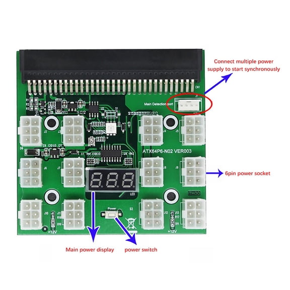 PCI-E Power Adapter Board (12x 6-Pin 12V Output) - 1200W High Power Graphics Card Server PSU Converter with LED Voltage Display
