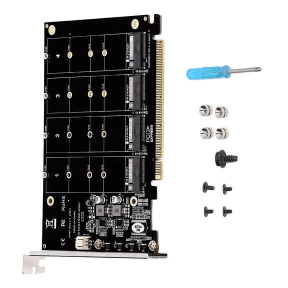PCIE X16 4 Port Expansion Card Thick PCB, High Power DC Power Chip, M.2 NVME SSD Support