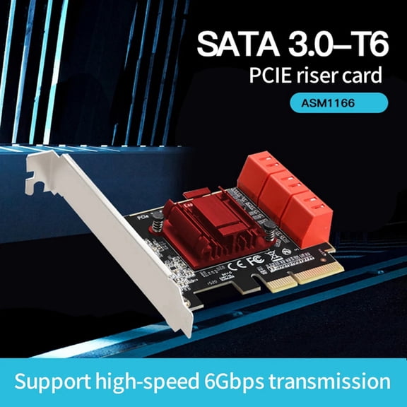 PCIe 4x to 6 Port SATA3.0 6Gbps PCIe to Adapter Controller Expansion Card ASM1166 for HDD SSD with 8cm/12cm Bracket