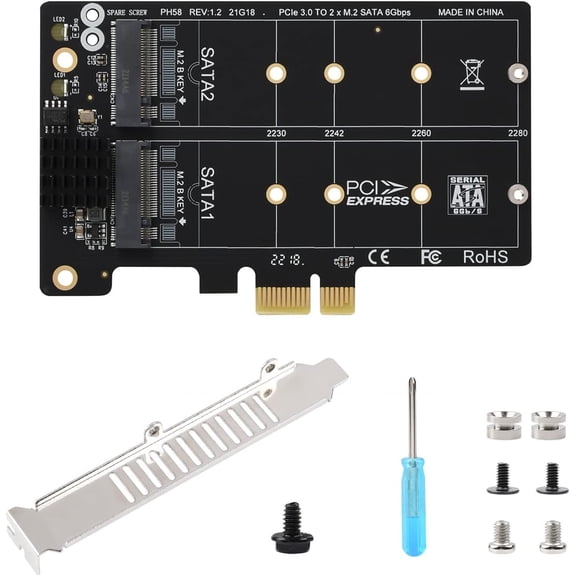 PCIe X1 to 2-ch M.2 SATA 6Gbps Expander Card, Support M.2 SATA Channel Solid State Drive, PCIe X1/X4/X8/X16 Interface, JMB582 Control Chip, Onboard Cooling Design