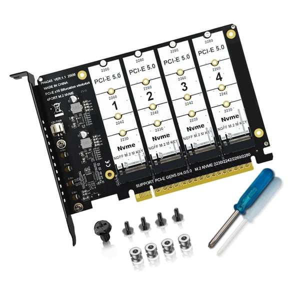 PCIe x16 Expansion Card for 4 NVMe Drives Fast Speed Data Transfer Supporting PCIe 5.0 LED Lights