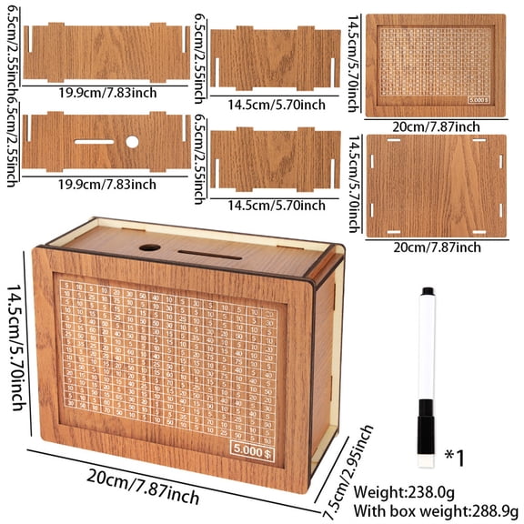 PCLCN Wooden Money Box with Savings Target and Numbers, Reusable Money Saving Box for Cash, Savings Challenges Box w/Counter Crafts, Portable Storage Case Money Saving Box for Kids Adults