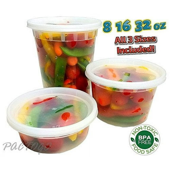 PCM 8 16 32 oz. Round Plastic Deli Soup Containers w/Lids Microwavable BPA Free (Pack of 72 Sets Each)
