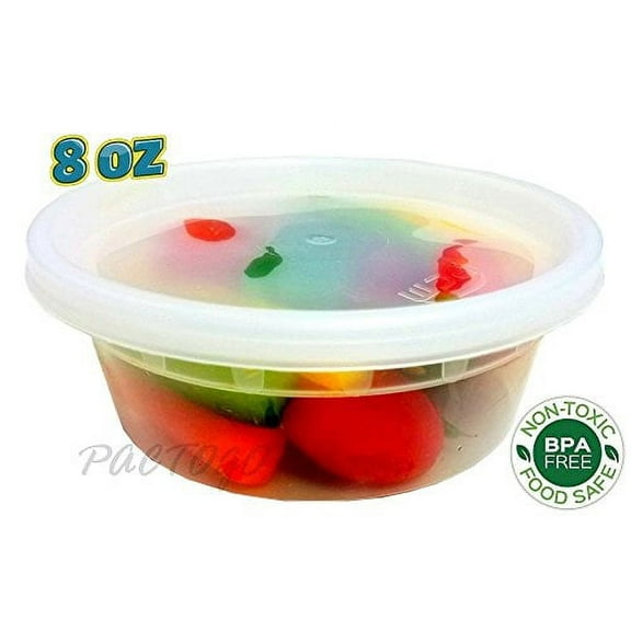 PCM 8 oz. Heavy Duty Round Deli Food Soup Plastic Container w/Lid 100% BPA Free (Pack of 6 Sets)