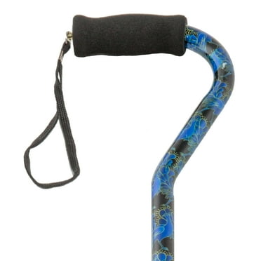 PCP Adjustable Cane, Designer Print, Offset Handle, Wrist Strap, Blue Peacock Pattern,
