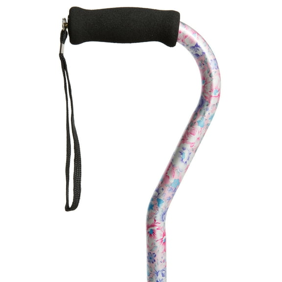 PCP Adjustable Cane, Designer Print, Offset Handle, Wrist Strap, Flower Garden Pattern,
