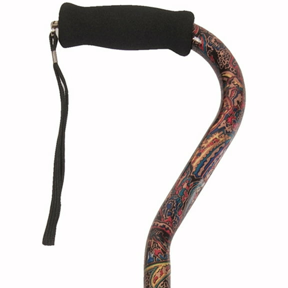 PCP Adjustable Cane, Designer Print, Offset Handle, Wrist Strap, Paisley Pattern,