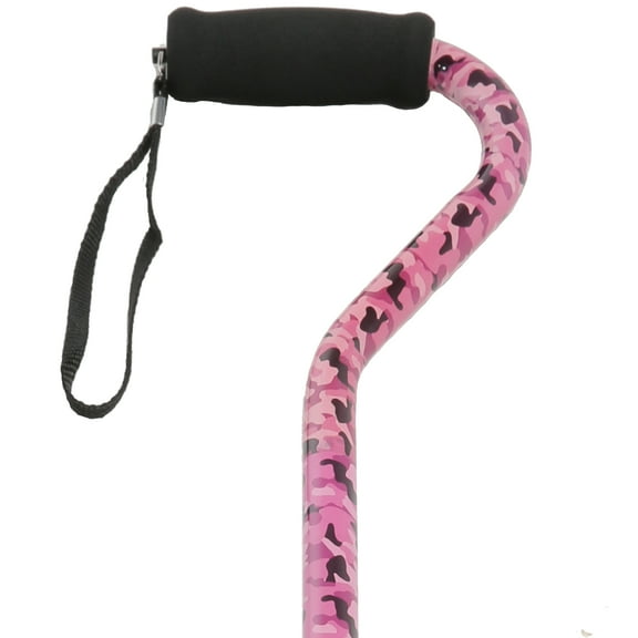 PCP Adjustable Cane, Designer Print, Offset Handle, Wrist Strap, Pink Camo Pattern,