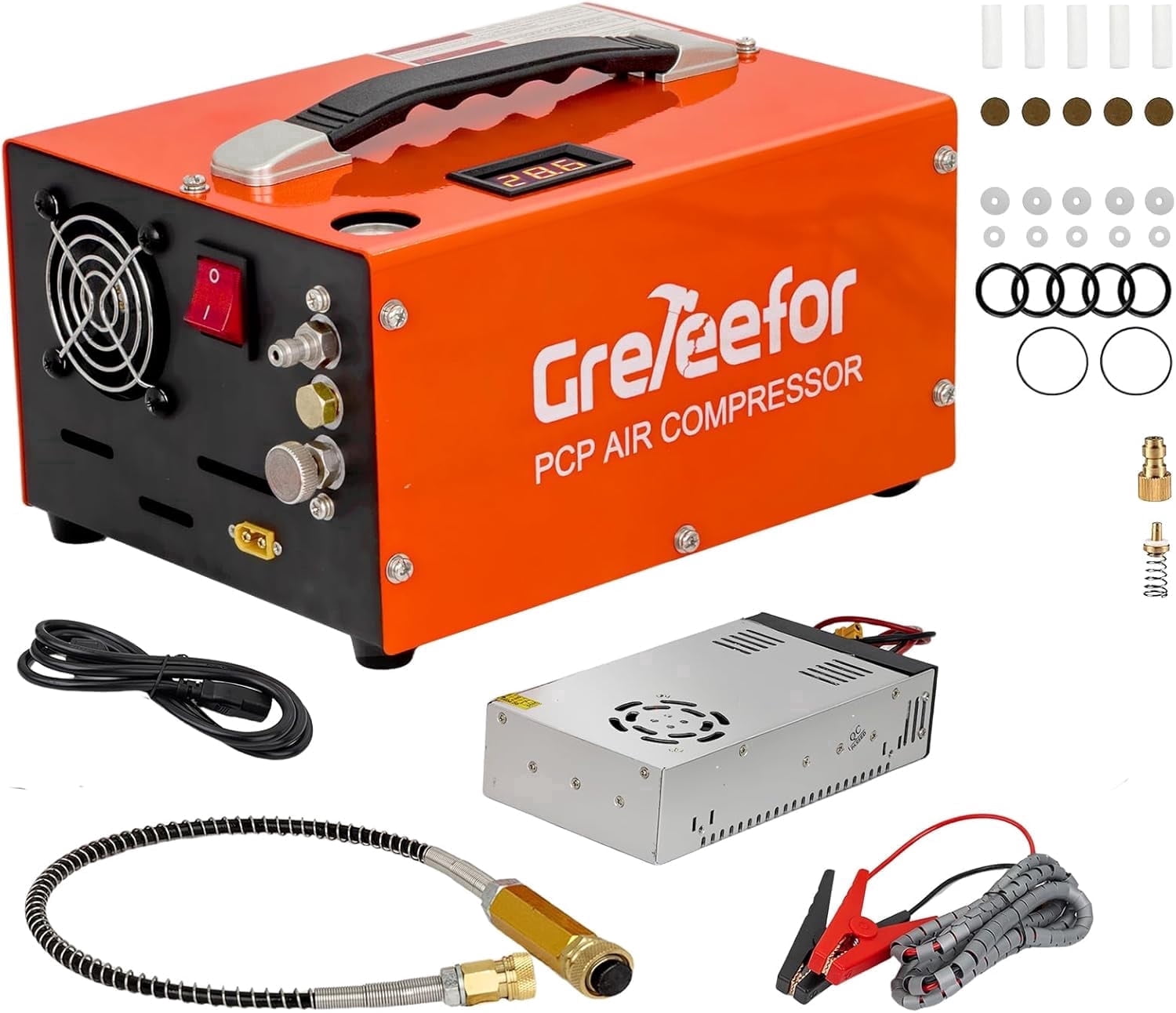 PCP Air Compressor, 4500 PSI / 30 MPa, Dual Power (12V DC & 110V/220V AC), Retractable Handle, Water/Oil-Free for Paintball, PCP Rifle, and HPA Tanks, Manual Stop, 250W (Orange)