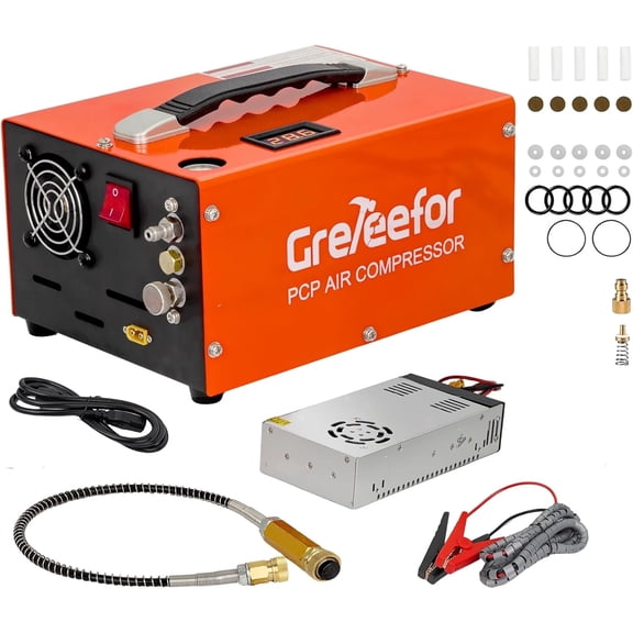 PCP Air Compressor, 4500 PSI / 30 MPa, Dual Power (12V DC & 110V/220V AC), Retractable Handle, Water/Oil-Free for Paintball, PCP Rifle, and HPA Tanks, Manual Stop, 250W (Orange)