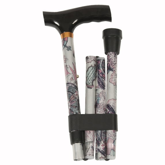 PCP Folding Cane, Fritz Handle Grip, Lightweight Adjustable Aluminum Shaft, Compass Rose Pattern,