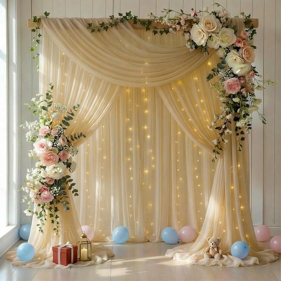 PCS 10 FT x 10 FT Champagne Backdrop Curtain-Tulle Backdrop Curtain with 9.8FT Lights String-Sheer Backdrop Curtains with 4 Inch Rod Pockets for Birthday Party Weddings Baby Shower Photo Booth Props