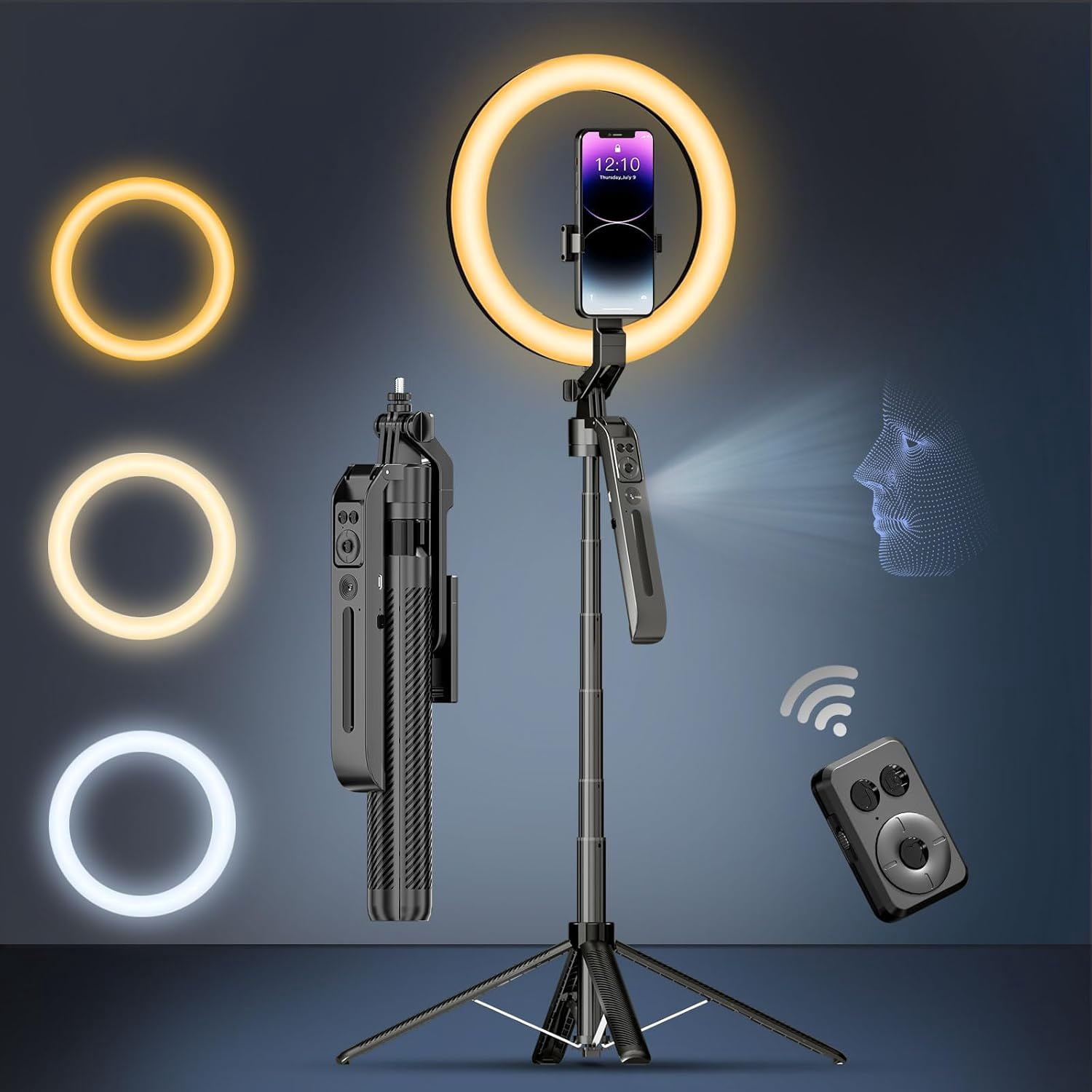 PCS Auto Face Tracking Selfie Stick Tripod for iPhone with 10" Ring Light,360 Rotation That Follows Your Movement,71" Phone Camera Stand with Remote for Content Creator Vlog Video Recording