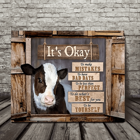 PCS Canvas Painting with Rustic Wood Frame - Ready to Hang | Inspirational Quote Wall Art | Vivid Cow Looking Through Window Decor for Bedroom, Living Room & Home