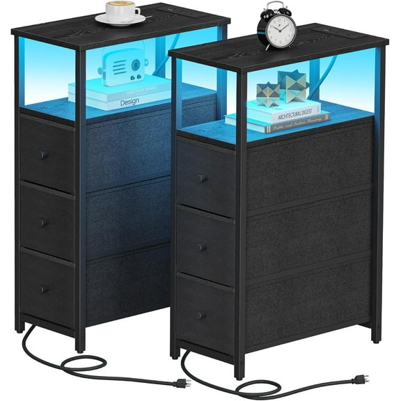 PrimeCook Shop Narrow LED Night Stand with Charging Station, Slim End Table with Plugins, Tall Side Table with 3 Fabric Drawer, Small Bedside Table with Storage, Set of 2, for Living Room, Black