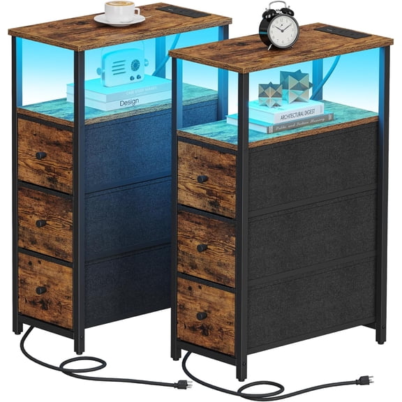 PrimeCook Shop Narrow LED Night Stand with Charging Station, Slim End Table with Plugins, Tall Side Table with 3 Fabric Drawer, Small Bedside Table with Storage, Set of 2, for Living Room, Brown
