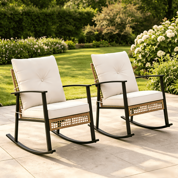 Deersky Outdoor Rocking Chairs Set of 2, Patio Wicker Rocking Chair with Soft Cushions for Porch, Backyard, Balcony, Garden