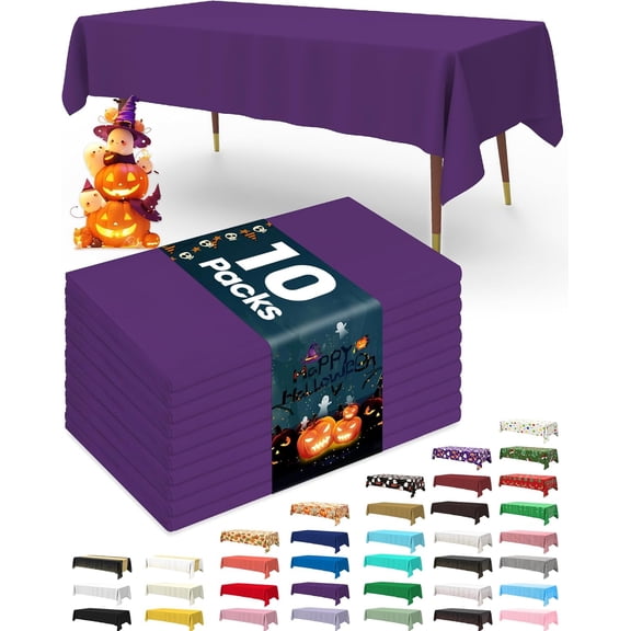 PCS Plastic Table Cloth Disposable 10 Pack, 54 x 108 Inch Table Cloths, Halloween Party Decorations, Summerween Decor, Halloween Tablecloths, Rectangle, Plastic Cover, Leakproof & Sturdy, Purple