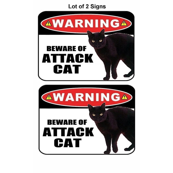 PCSCP 2 Count "Warning Beware of Attack Cat" 11 inch by 9.5 inch Laminated Funny Sign