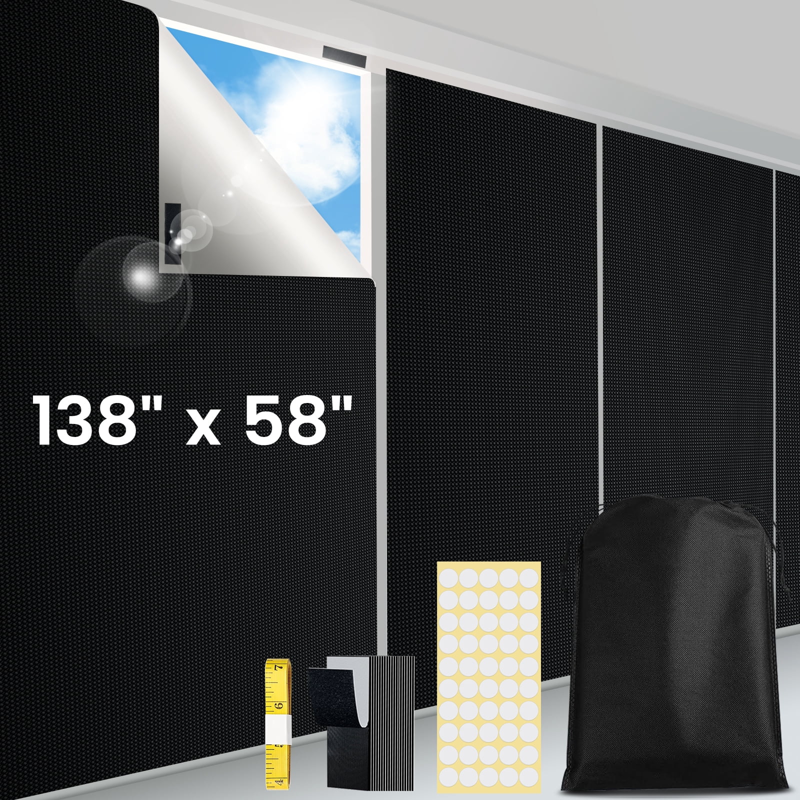 PChero Blackout Shades for Bedroom 138" x 58", Portable Blackout Curtains, No Drill Window Blinds,Blackout Window Cover DIY Temporary Blackout Blinds Film for Bedroom Nursery Travel Dorm Room