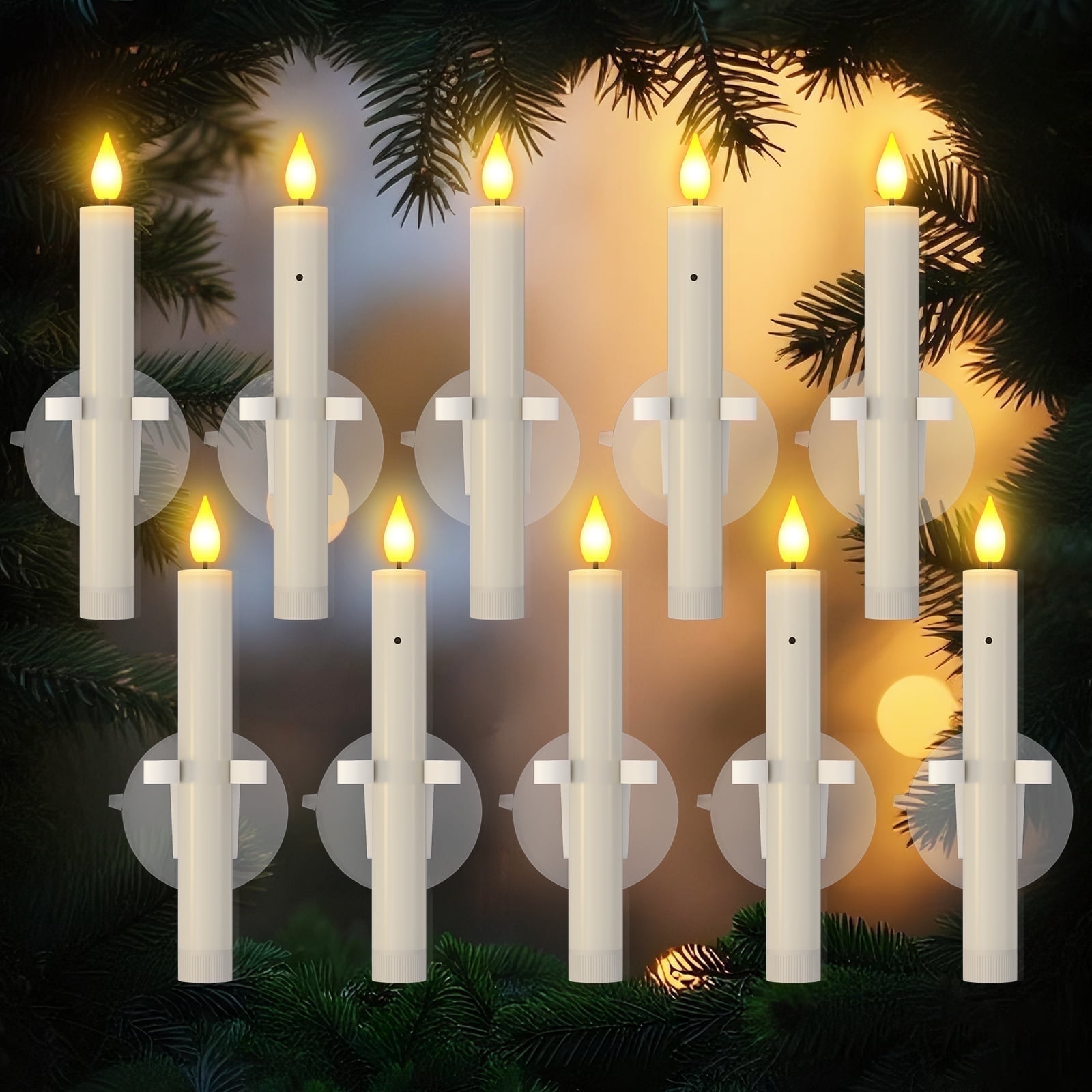 PChero 10Pcs Sensor Dawn to Dusk Window Candles, Battery Operated Candlesticks with Suctions, Flickering Flameless LED Taper Candles for Window Halloween Christmas Wedding Home Decor