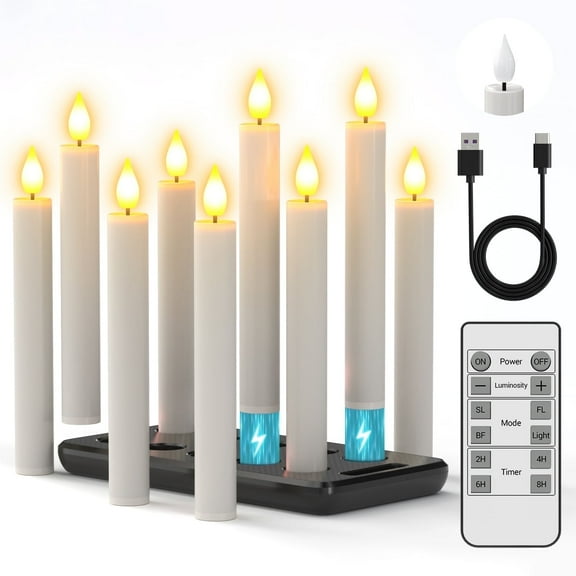 PChero Rechargeable Flameless Taper Candles with Remote Timer & Charging Base,  10pcs LED Candlesticks Flickering, 6.7" Battery Electric LED Taper Candles for Home Wedding Christmas Decor