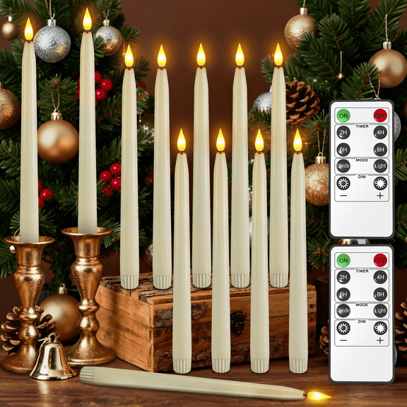 PChero 11" Flameless Taper Candles with Remote Timer, 10 Pack Battery Operated Flickering LED Taper Candlesticks Ivory Faux Wax Window Candles for Thanksgiving Christmas Holiday Wedding Decor