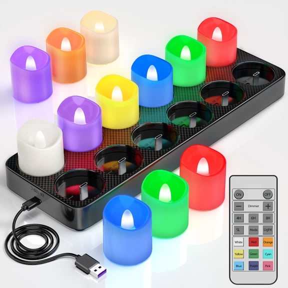 PChero 7-Color Changing Rechargeable Tea Lights with Remote Timer ,12pcs flameless Votive Candles Battery operated with Charging Base, Electric Tealights Fake LED Candles for Christmas Wedding