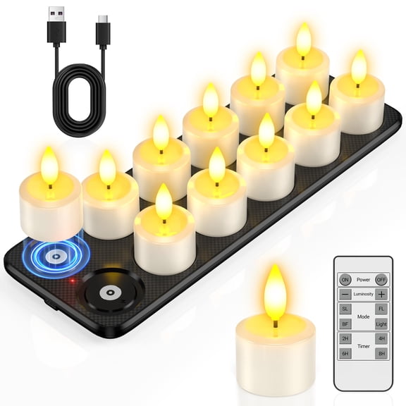 PChero 12pcs Rechargeable Tea Lights Candles with Remote Timer, 180+Hours Waterproof Outdoor Flameless Tealight Candles with Magnetic Charging Base, Battery Operated Small Votive Candles,1.5"x2.17"