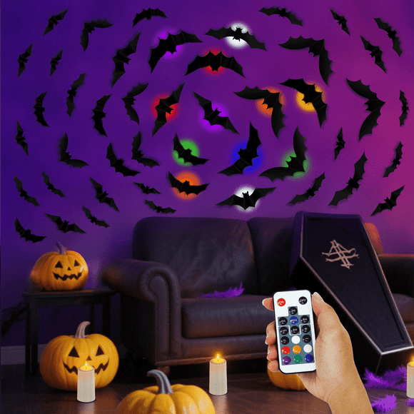 PChero 48Pcs Halloween LED Bats Wall Decoration with 12 Color Changing Lights, Lighted 3D Bats Wall Stickers with Remote Timer, 10 Different Size Removable PET Light up Bats Wall Decor for Home Party