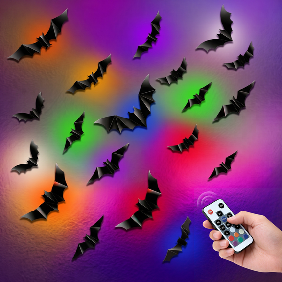 PChero 48Pcs Halloween Bats Wall Decor with 12 Color Changing Lights, 3D Light up Bats with Remote Timer, 10 Different Size PET LED Bat Wall Stickers for Bedroom Window Spooky Decor Home Decals