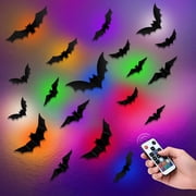 PChero 48Pcs Halloween Bats Wall Decor with 12 Color Changing Lights, 3D Light Up Bats with Remote Timer, 10 Different Size PET LED Bat Wall Stickers for Bedroom Window Spooky Decor Home Decals