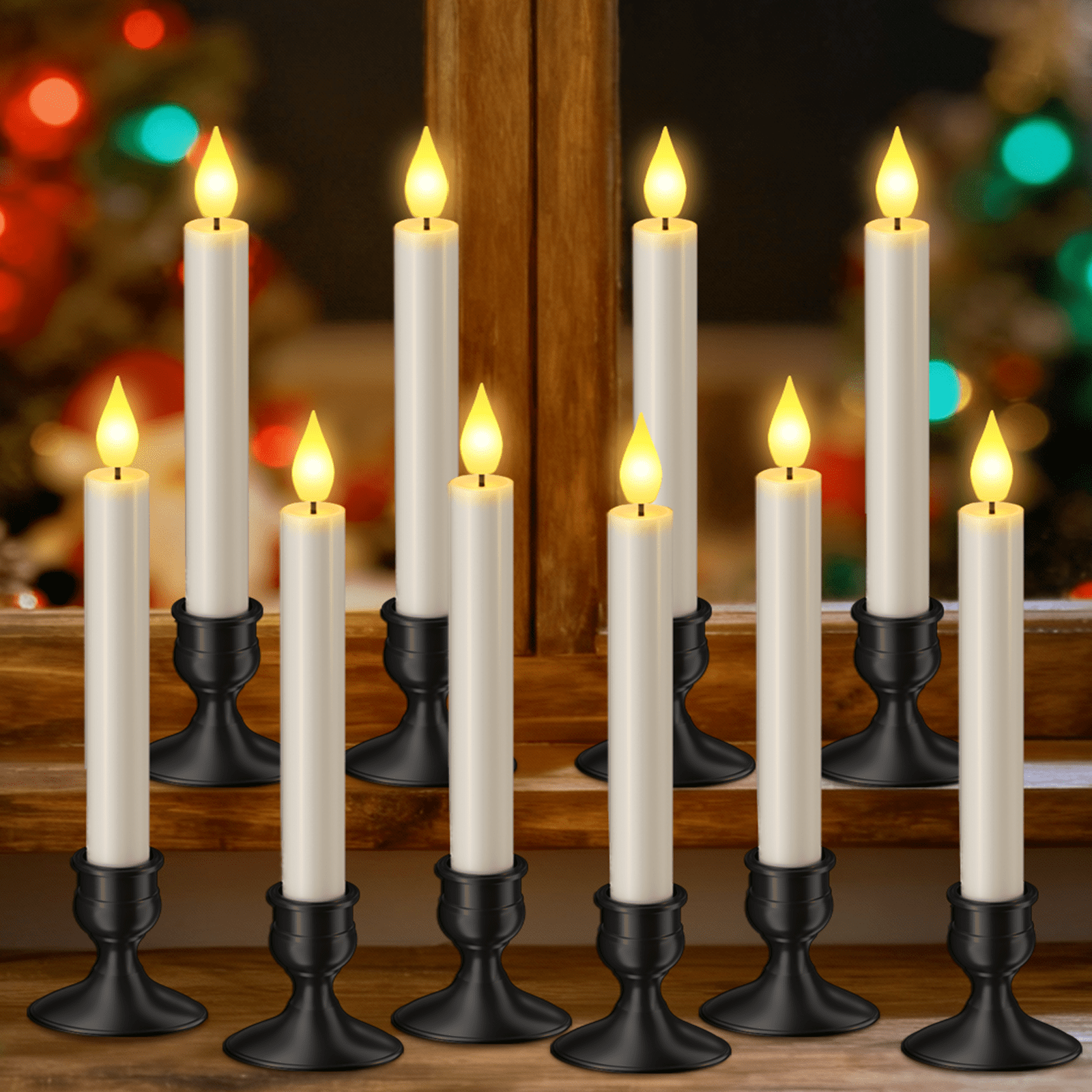 PChero 10Pcs Window Candles with Sensor Dusk to Dawn, Flickering LED Candlesticks with Holders, Christmas Window Candles Flameless LED Tapers Candles Battery Operated for Halloween Xmas Home