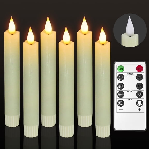 PChero 6Pack Real Wax Flameless Taper Candles with Remote Timer, 6.4inch Battery Operated Taper Candles, Ivory LED Flameless Candlesticks for Fireplace Xmas Halloween Party Home Decor
