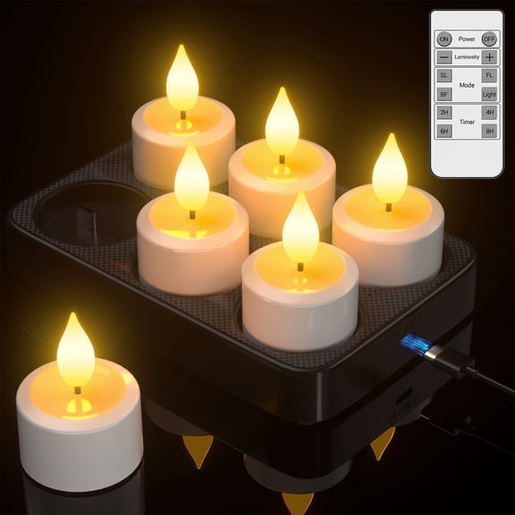 PChero 6pcs Rechargeable Tea Lights Flameless Candles with Remote Timer & Charging Base, Battery Operated LED Tealight Candles, Electric Fake USB Candles Small Votives Candles for Home Decor