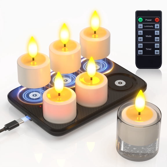 PChero 6pcs Rechargeable Tea Lights Candles with Remote Timer, 180+Hours Waterproof Outdoor Flameless Tealight Candles with Magnetic Charging Base, Battery Operated Small Votive Candles,1.5"x2.17"
