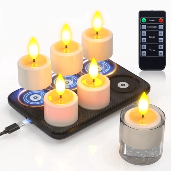 PChero 6pcs Rechargeable Tea Lights Candles with Remote Timer, 180+Hours Waterproof Outdoor Flameless Tealight Candles with Magnetic Charging Base, Battery Operated Small Votive Candles,1.5"x2.17"