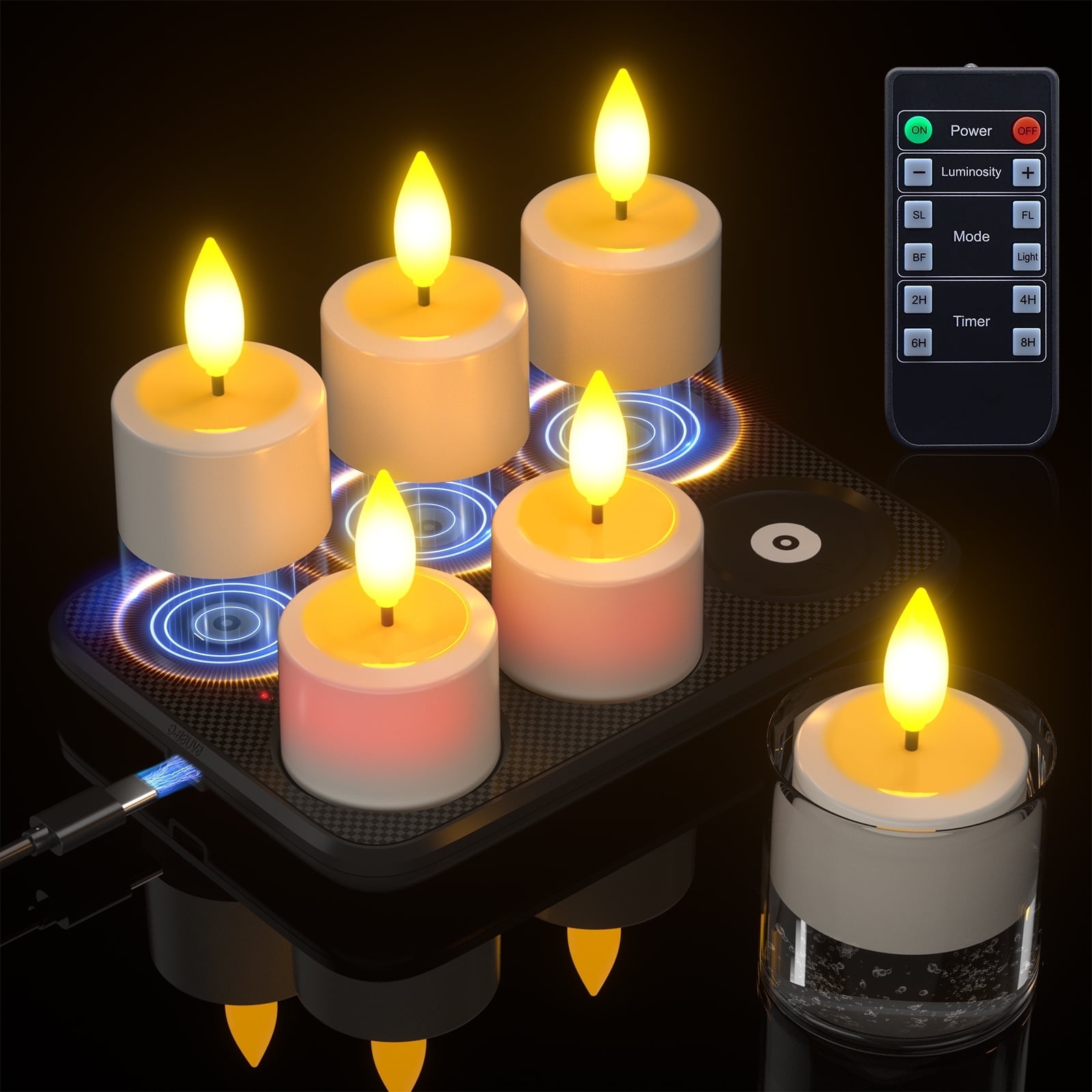 PChero 6pcs Rechargeable Tea Lights Candles with Remote Timer, 180+Hours Waterproof Outdoor Flameless Tealight Candles with Magnetic Charging Base, Battery Operated Small Votive Candles,1.5"x2.17"