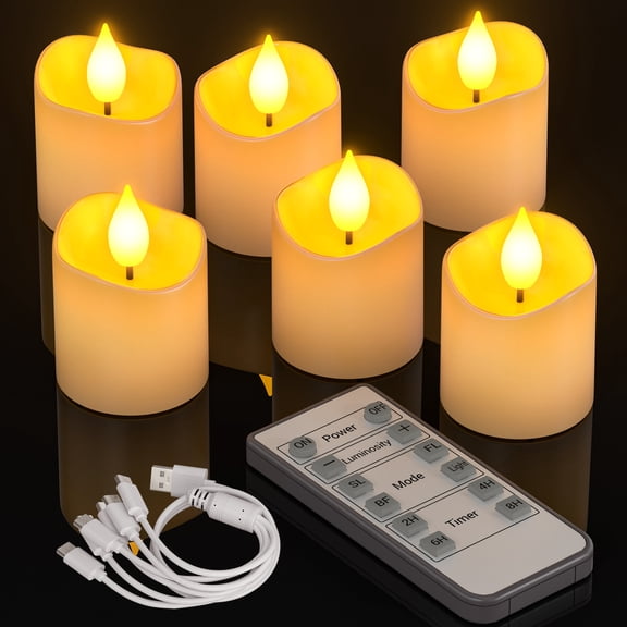 PChero Rechargeable Flameless Candles with Remote Timer, 6pcs Flickering LED Votive Candles Battery Operated, Small Electric Fake Tea Lights Candle for Halloween Christmas Centerpiece Table Wedding