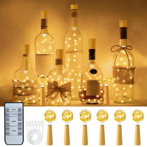 PChero 6Pack Rechargeable Wine Bottle Lights with Cork & Remote, 6.6ft 20 LED Mini Fairy String Lights Battery Operated with Charging Cable, Waterproof Cork Lights for Wedding Christmas, Warm White