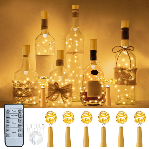 PChero 6Pack Rechargeable Wine Bottle Lights with Cork & Remote, 6.6ft 20 LED Mini Fairy String Lights Battery Operated with Charging Cable, Waterproof Cork Lights for Wedding Christmas, Warm White