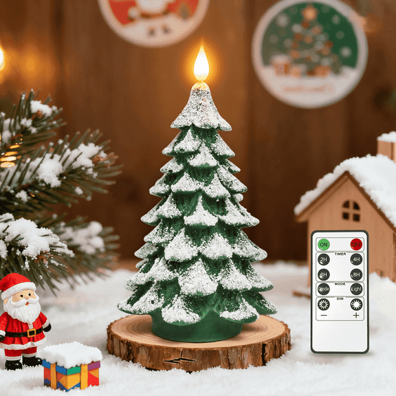 PChero Christmas Tree LED Candle with Remote Timer, 7.9 Inch Real Wax Battery Operated Pillar Candle Flameless Flickering for Xmas Eve Gift Holiday Home Party Room House Decor
